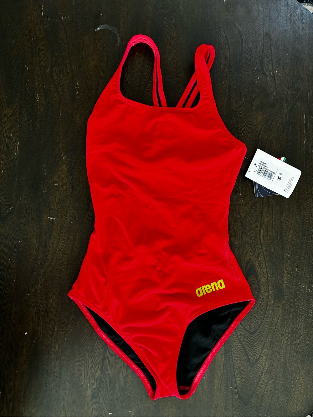 Madison Red One-Piece Swim Suit with Yellow Logo